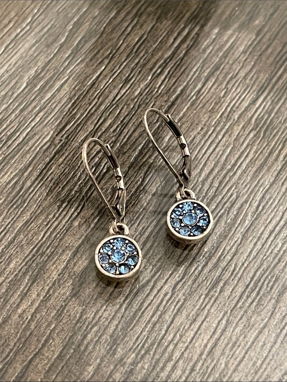VTG Round Blue Pavé Crystal Cluster Drop Earrings Leverback Antique Silvertone